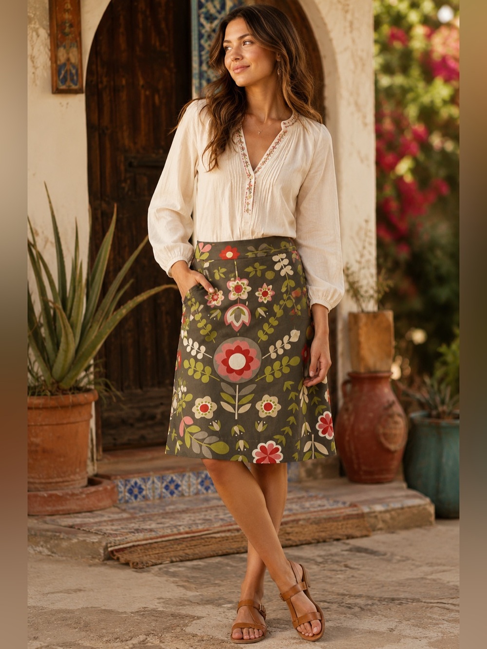 Boden Retro Floral Folklore A-Line Boho Cottagecore Scandinavian Long MIDI Skirt